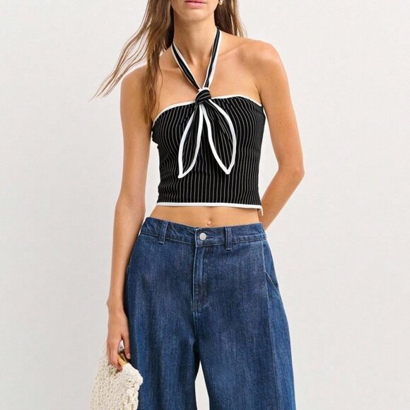 Black Casual Women's Striped Halter Top - Picture 6 of 10